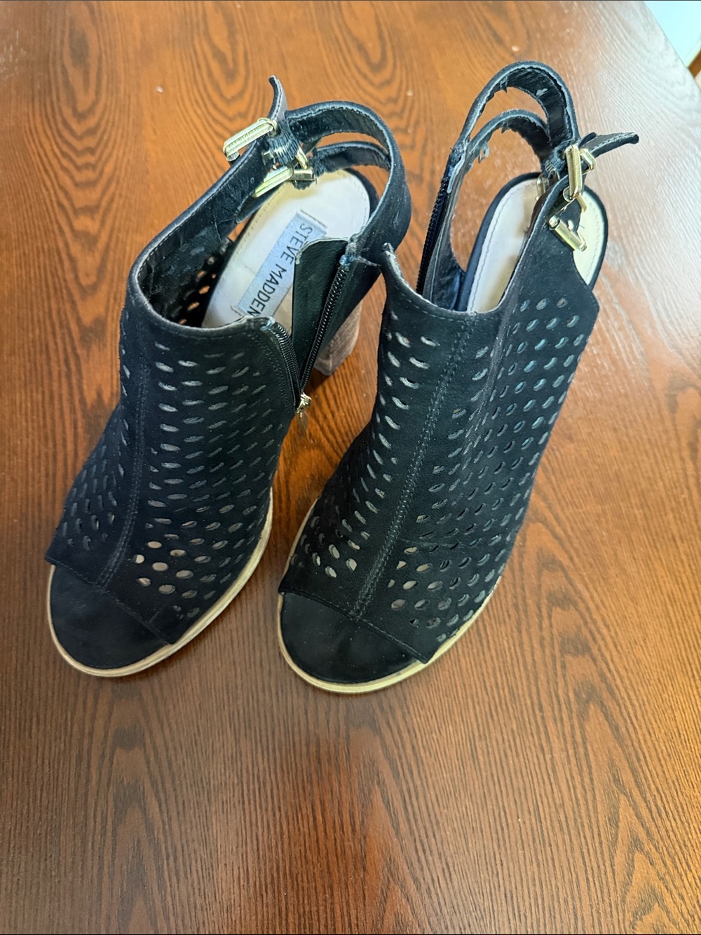 Steve Madden Black Perforated Peep-Toe Slingback Block Heels